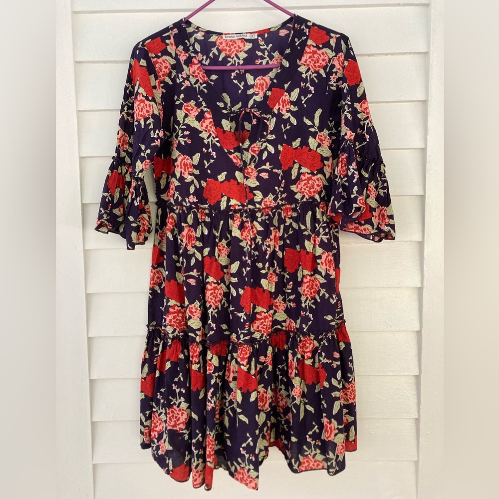 Dress Addict | Tiered 3/4 Sleeve Floral Block-Print Mini Dress Size Small